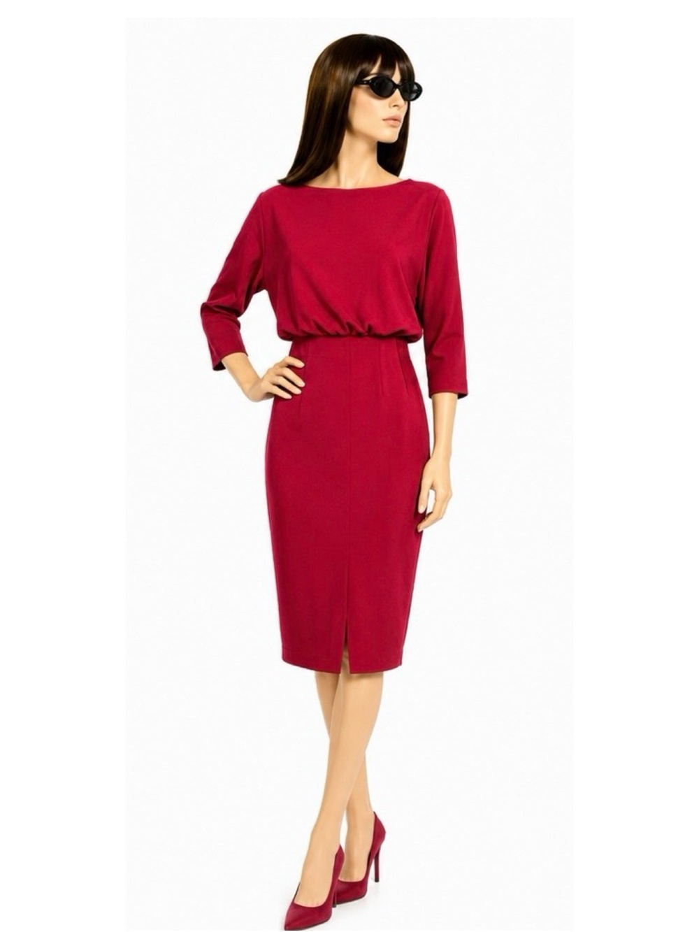 Badgley Mischka Red Boat Neck Blouson Sheath Dress Textured Knit Size Xs — image 2 of 8